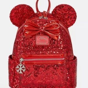 Loungefly Disney Minnie Mouse Red Snowflake Sequin Mini Backpack